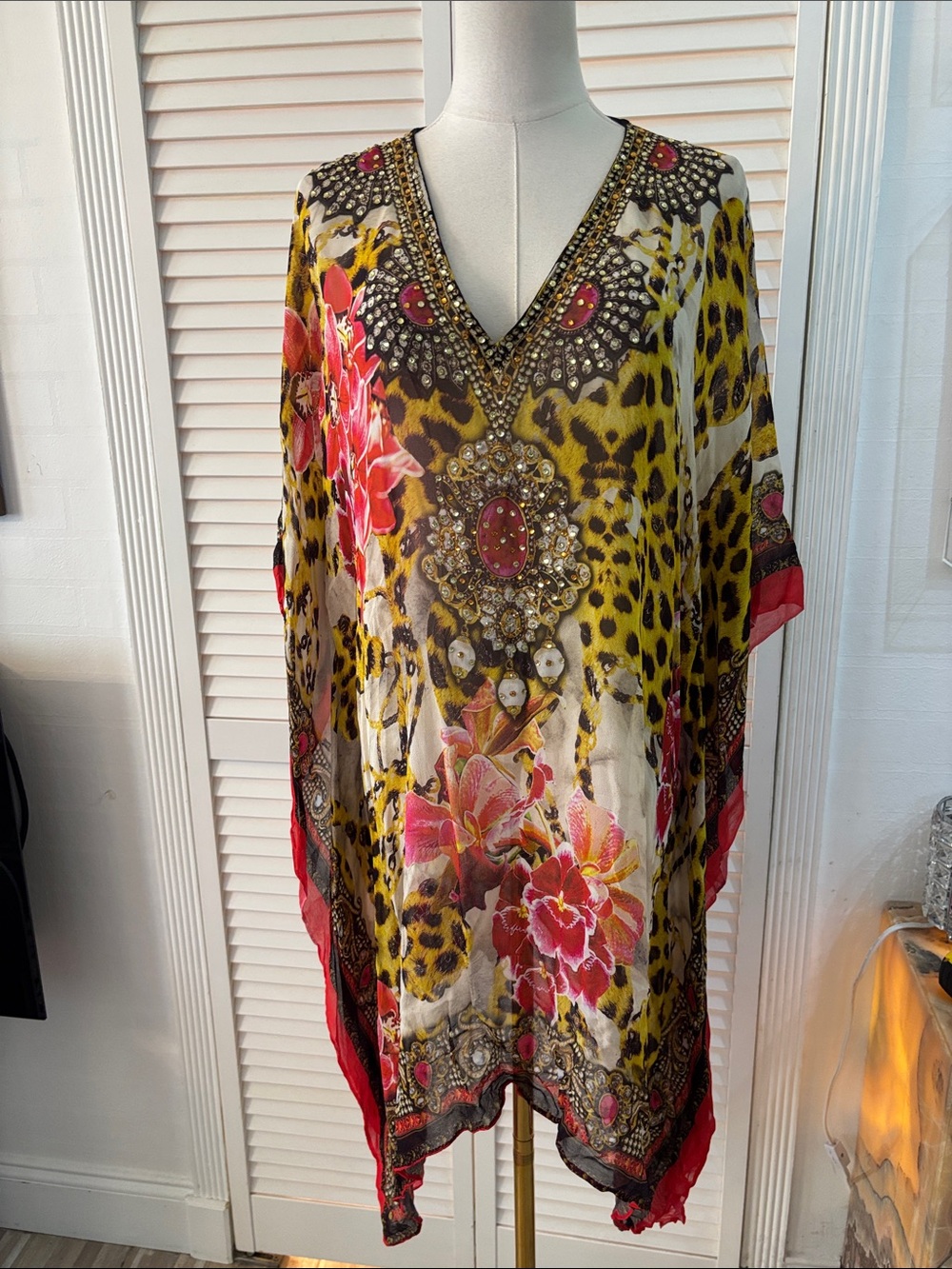 Ranees V-Neck Floral & Leopard Print Tunic Top - Pink, Yellow, XXL
